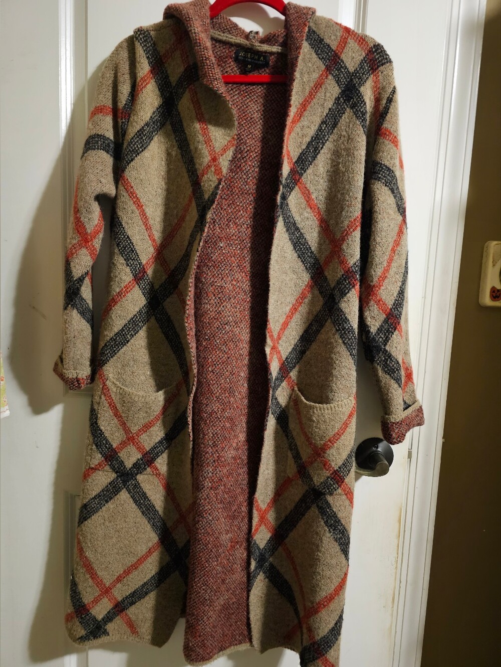 Joseph A Hooded Long Plaid Coatigan in Beige, Black & Red